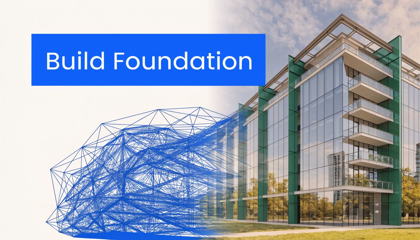 A modern building merging into a blue wireframe digital structure, symbolizing business foundation and structural growth.