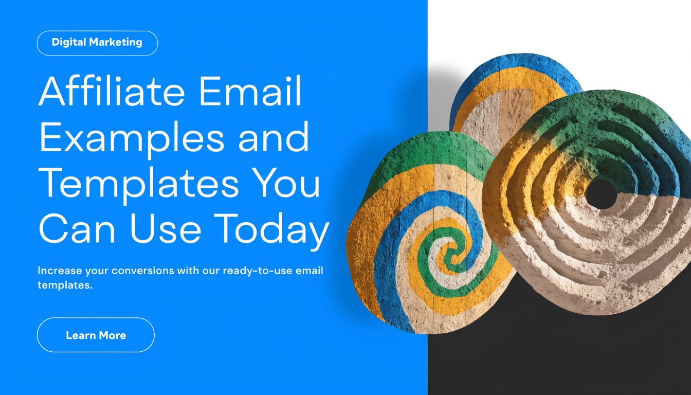 A vibrant graphic about affiliate email marketing with text about ready-to-use templates and abstract stone patterns.