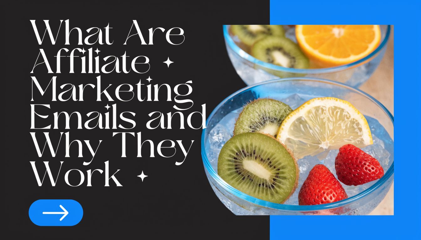 A graphic featuring text about affiliate marketing emails next to a bowl of fresh fruit with ice.