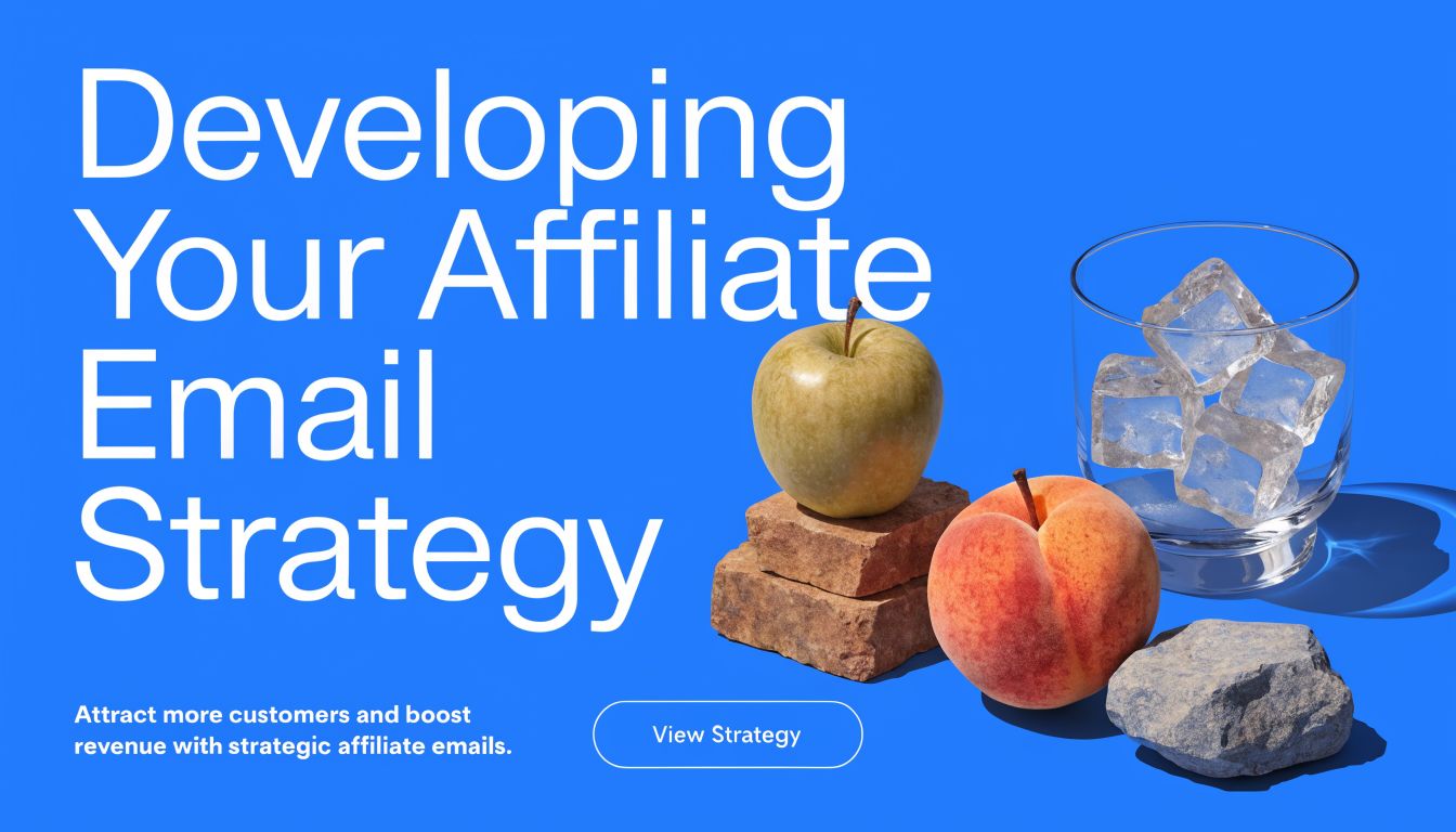 A marketing graphic for affiliate email strategy featuring an apple, a peach, and ice cubes on a blue background.