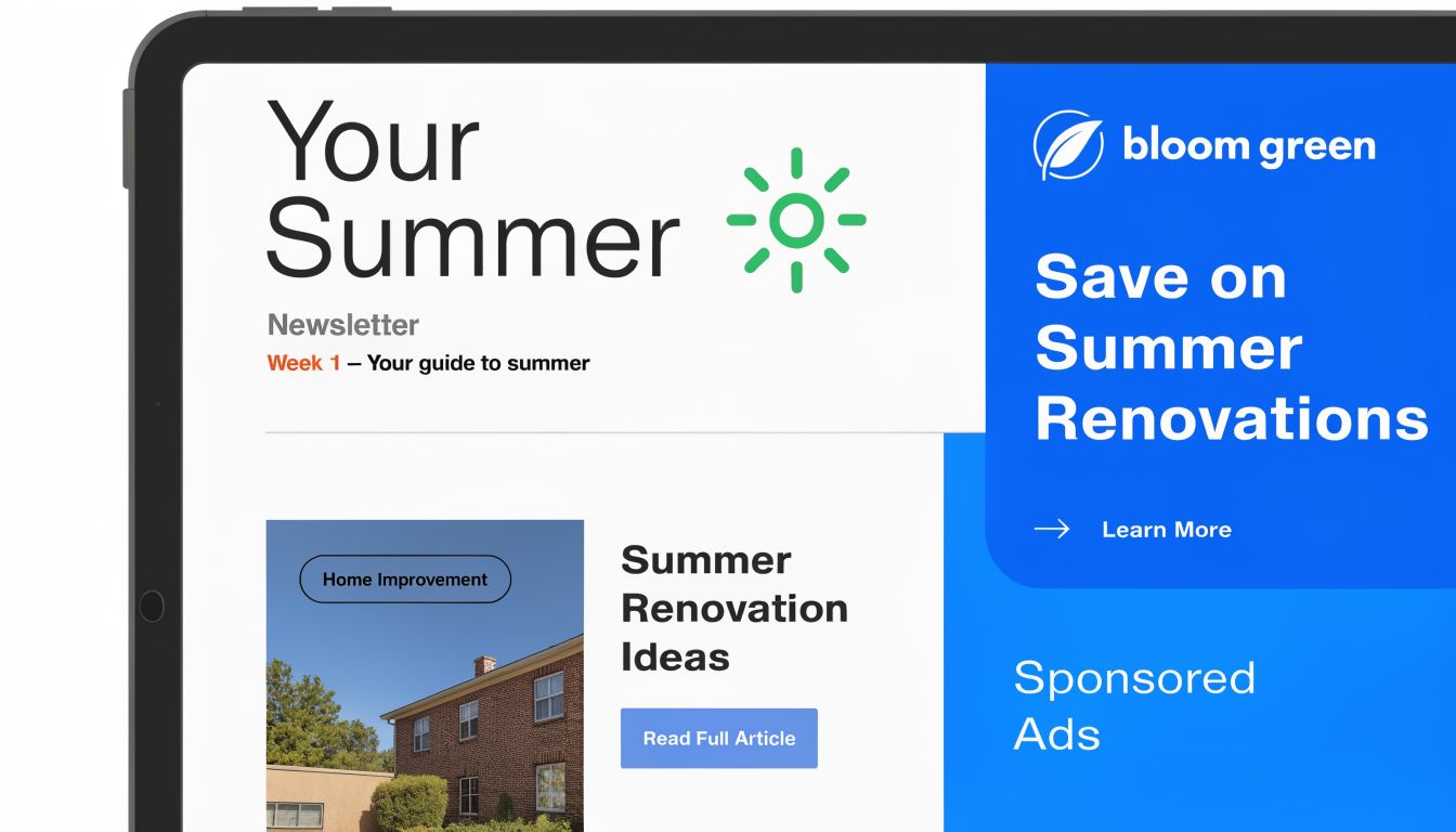 A digital newsletter titled Your Summer displayed on a tablet, featuring home renovation advice and sponsored advertisements.