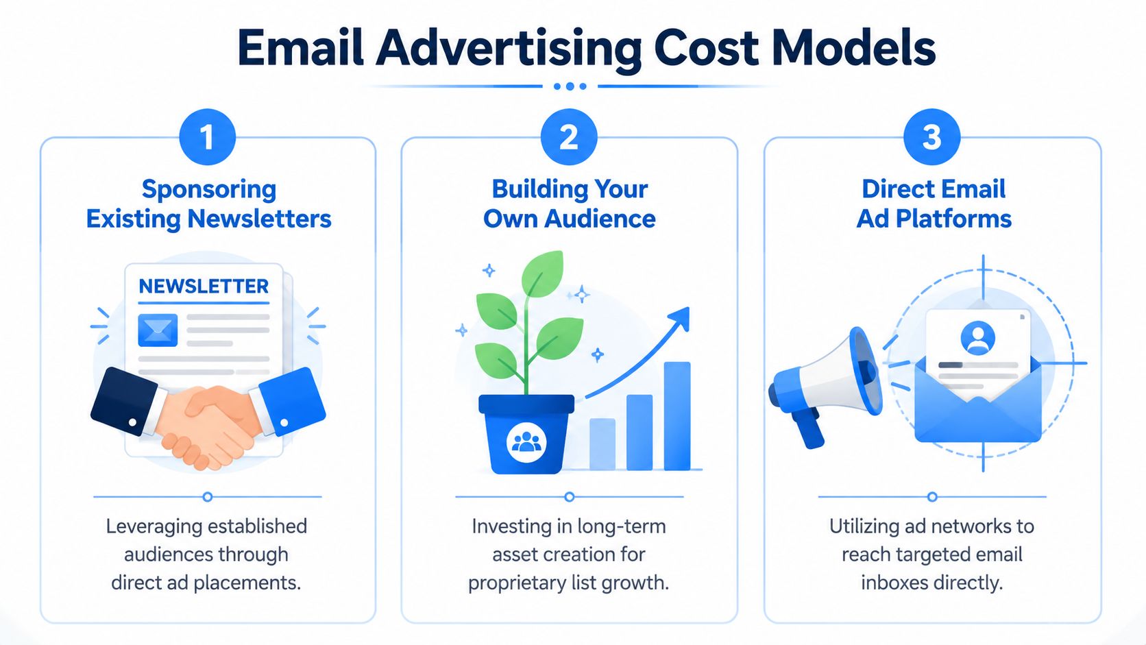 A graphic showing three email advertising cost models: sponsoring newsletters, building an audience, and using ad platforms.