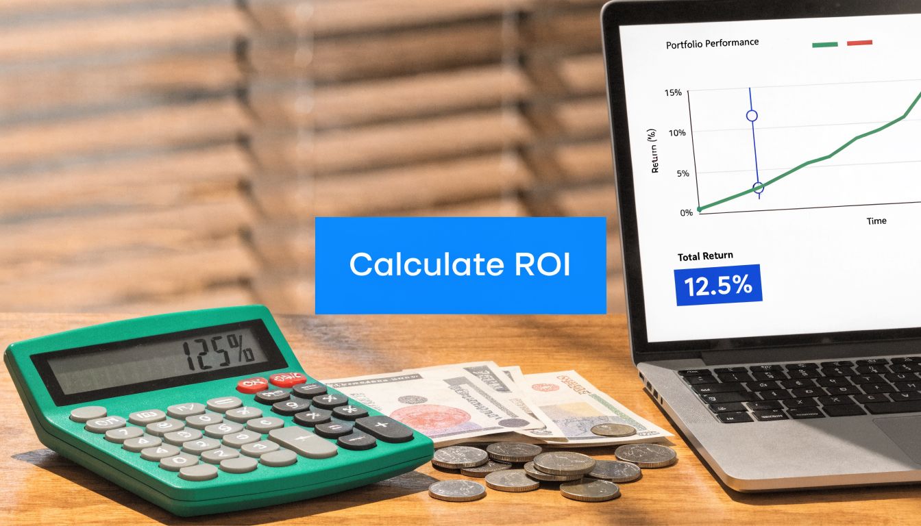 Calculator displaying 125 percent with money and a laptop showing portfolio performance return on a desk.