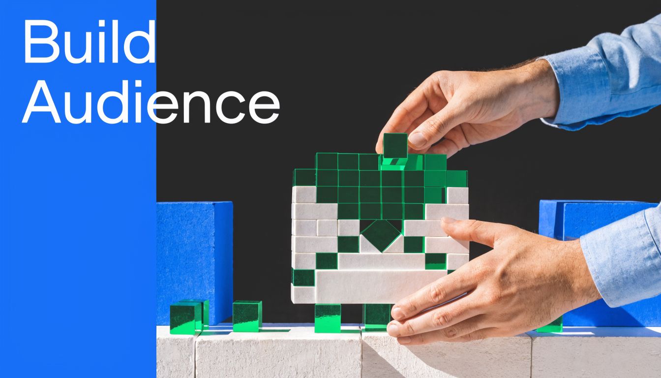 A person assembling an email icon made of green and white blocks to build an audience.