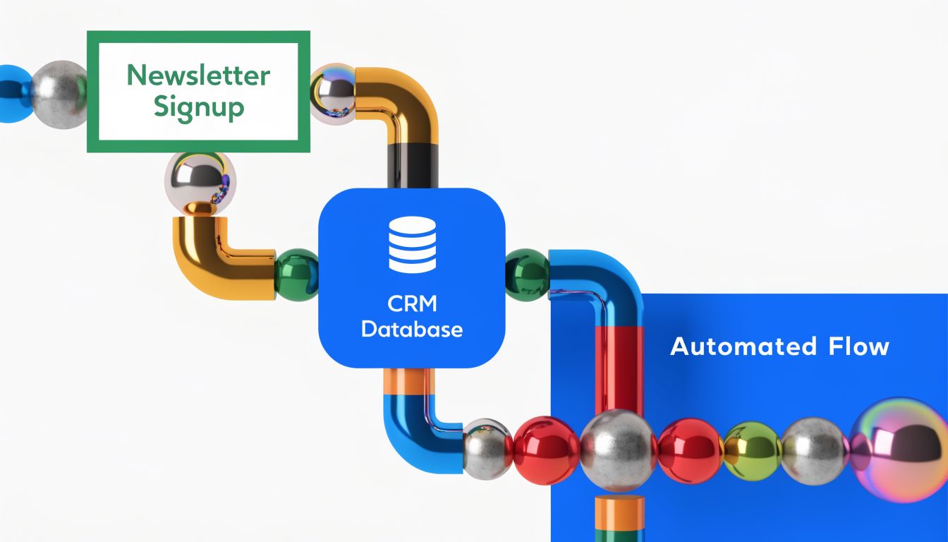 A 3D illustration showing a data pipeline connecting newsletter signups to a CRM database and automated workflows.