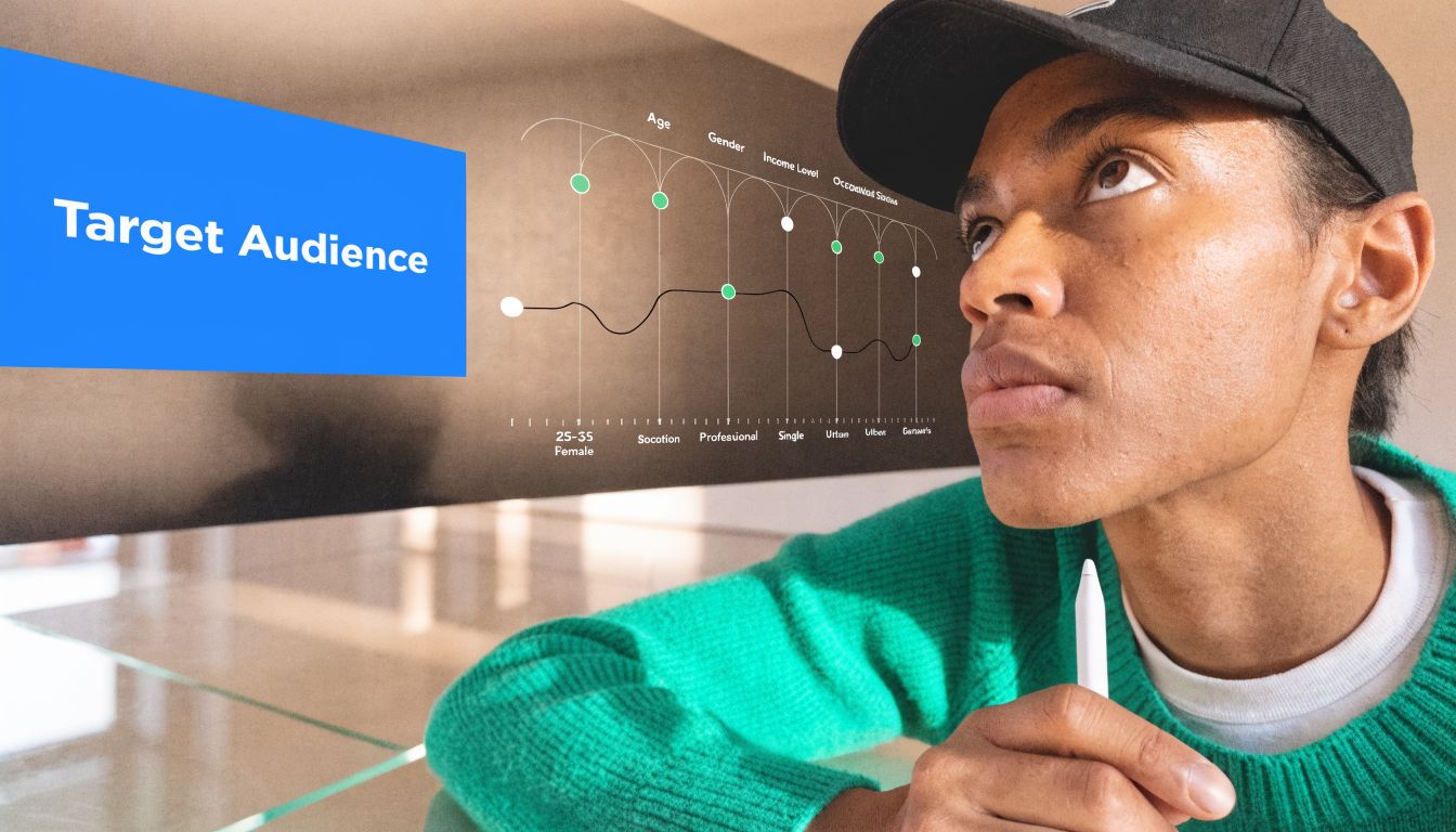 A young professional analyzing a digital chart labeled Target Audience during a b2b lead generation strategy session.