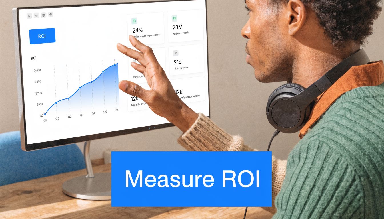 A professional analyzing a digital ROI performance dashboard on a computer screen in an office setting.