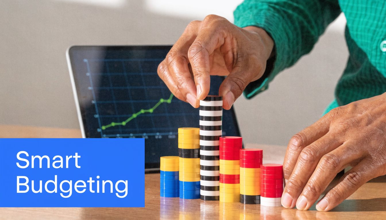 A person organizing colorful stacking toy blocks next to a digital tablet displaying a financial growth graph.