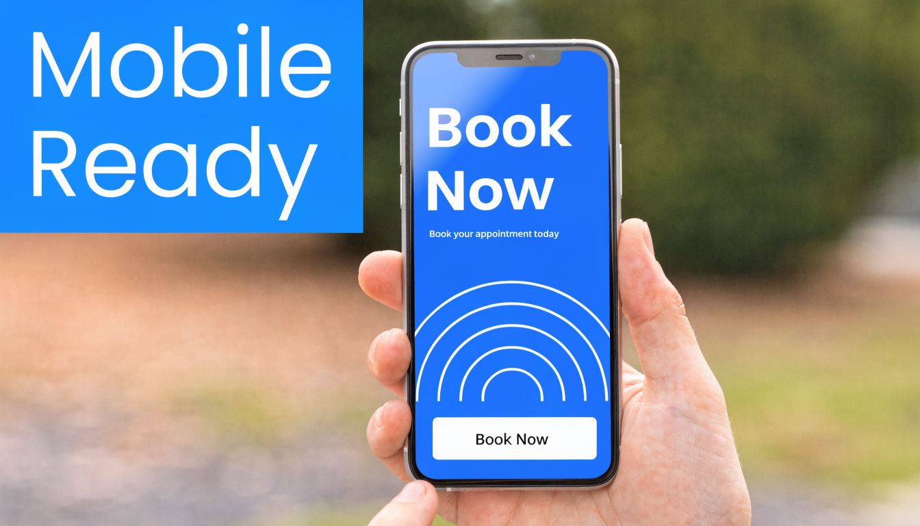 A person holding a smartphone displaying a mobile-friendly booking landing page with a clear call to action.
