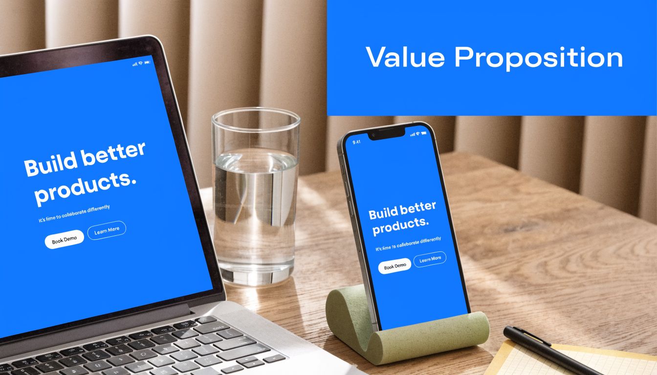 A laptop and smartphone displaying a website with a build better products landing page design.