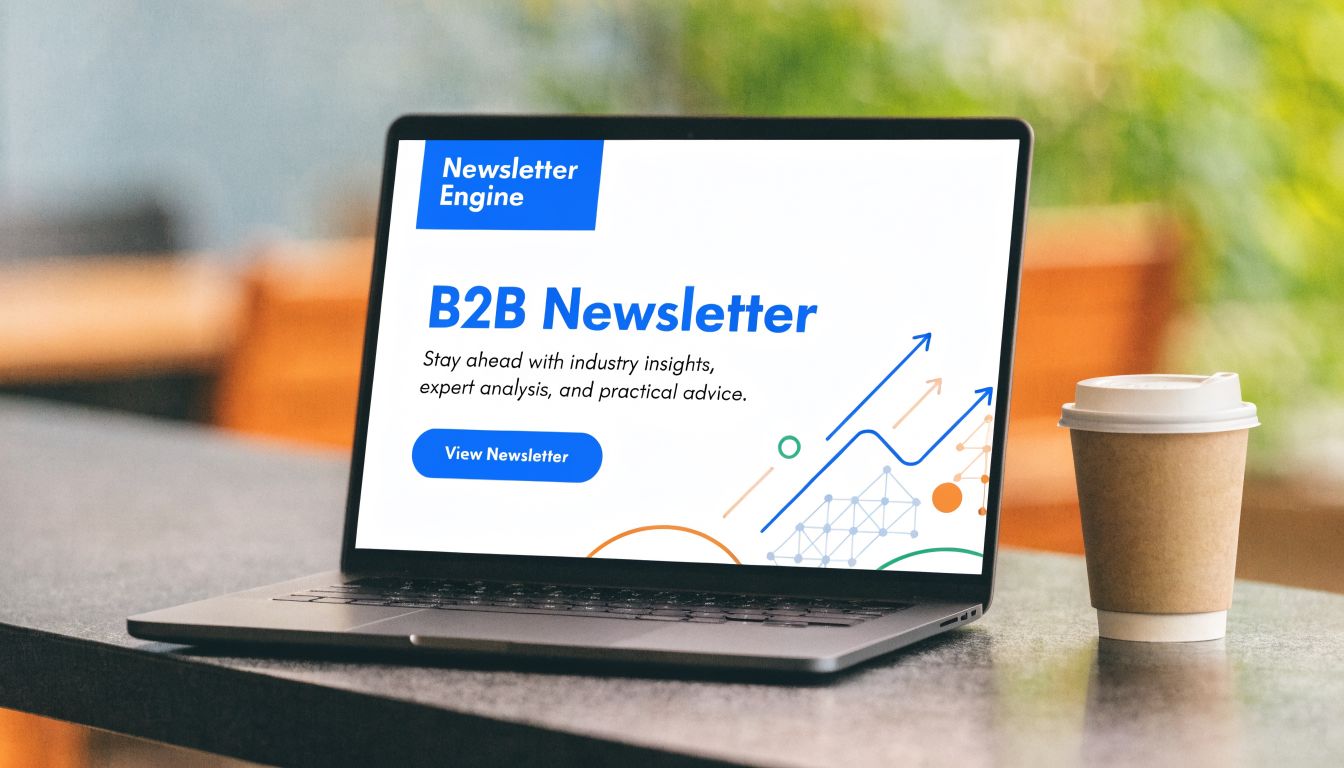 A modern laptop displaying a B2B newsletter webpage next to a coffee cup on a desk.