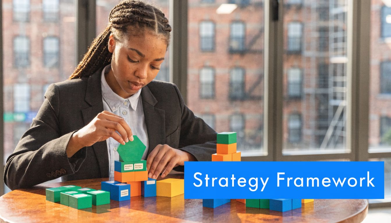 A professional woman building a strategy framework using colorful toy blocks on a wooden table.