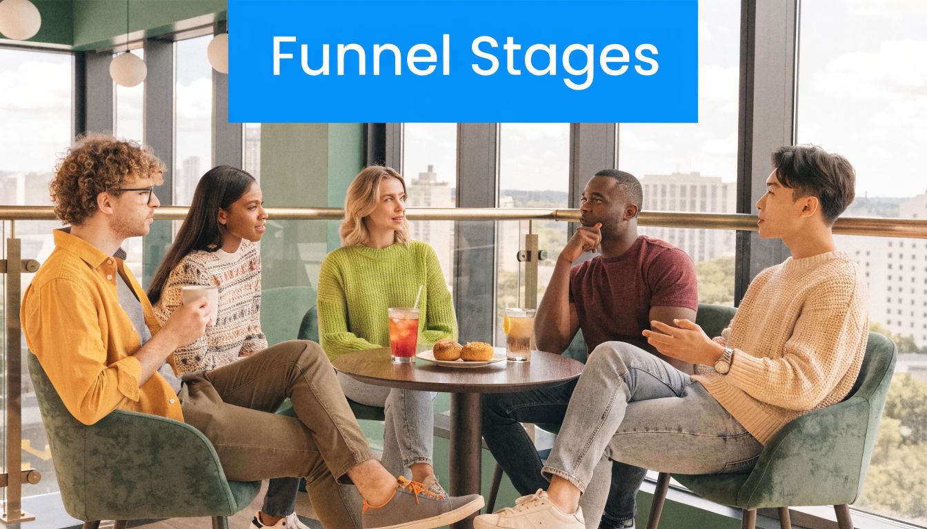 A diverse group of five friends chatting and smiling while sitting at a round cafe table.