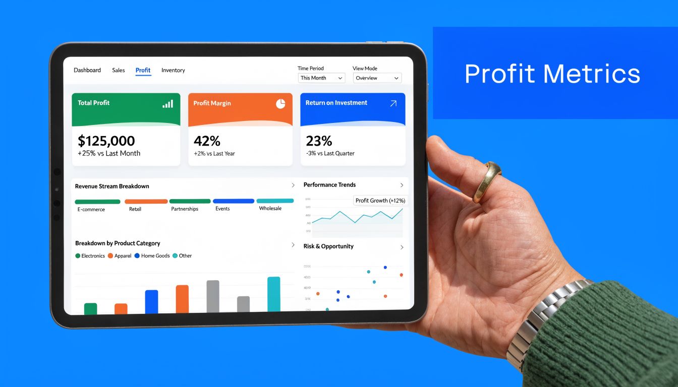 A hand holding a tablet displaying a professional digital dashboard with business profit metrics and financial data.