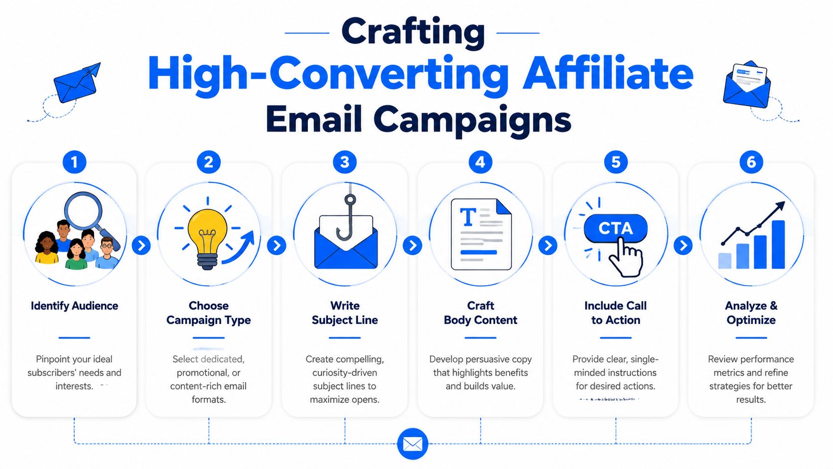 A six-step infographic illustrating the process of crafting effective and high-converting affiliate email marketing campaigns.