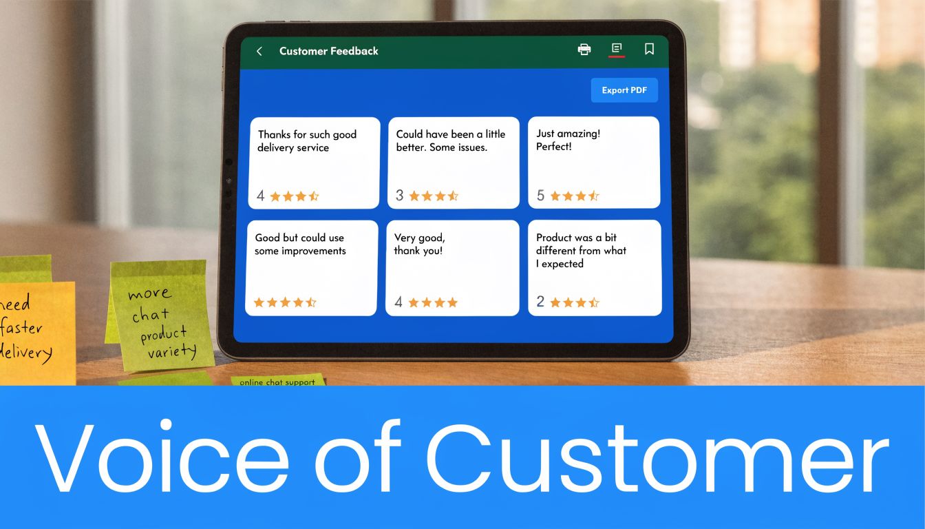 A digital tablet displaying customer feedback reviews placed on a desk with sticky notes and text overlay.