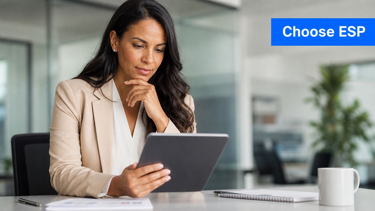 A professional woman in a blazer reviewing information on her tablet in a modern office setting.