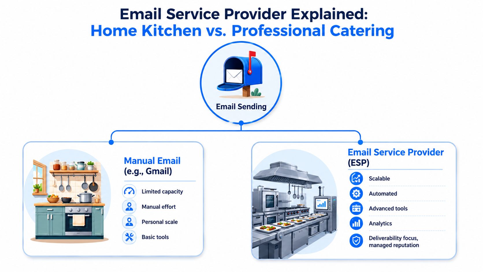 A comparison chart showing how manual email services compare to professional Email Service Providers like a kitchen.
