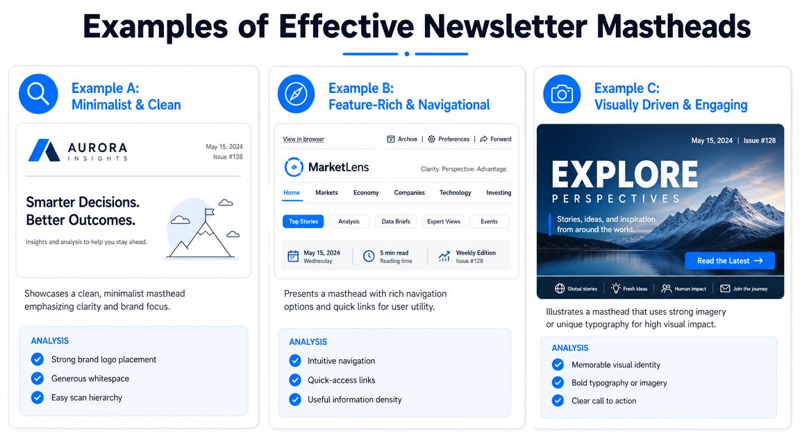 An infographic comparing three effective newsletter masthead designs: Minimalist, Feature-Rich, and Visually Driven with analysis points.