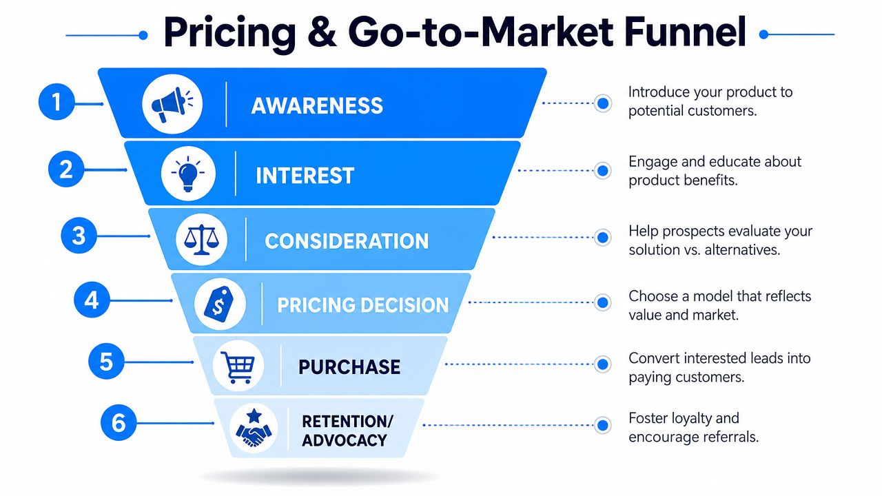 A six-stage funnel diagram illustrating the pricing and go-to-market strategy steps from awareness to customer advocacy.