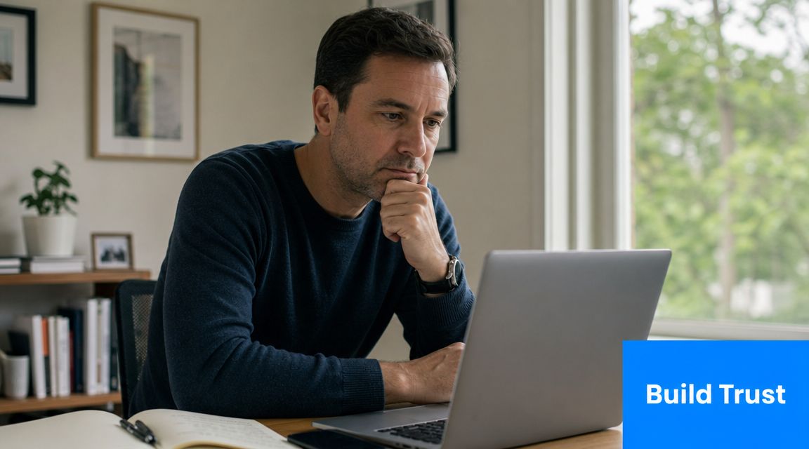 A focused man sitting at a desk and working on his laptop in a bright home office.