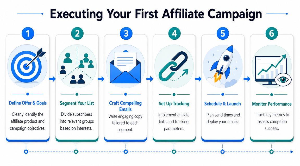 A flowchart showing six steps for executing an affiliate marketing campaign, from goal setting to performance monitoring.
