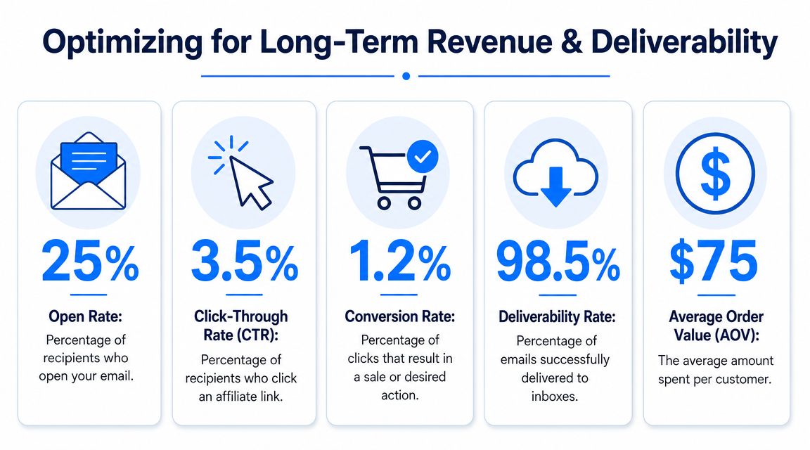 An infographic showing key performance indicators for affiliate email marketing including open, click-through, and conversion rates.