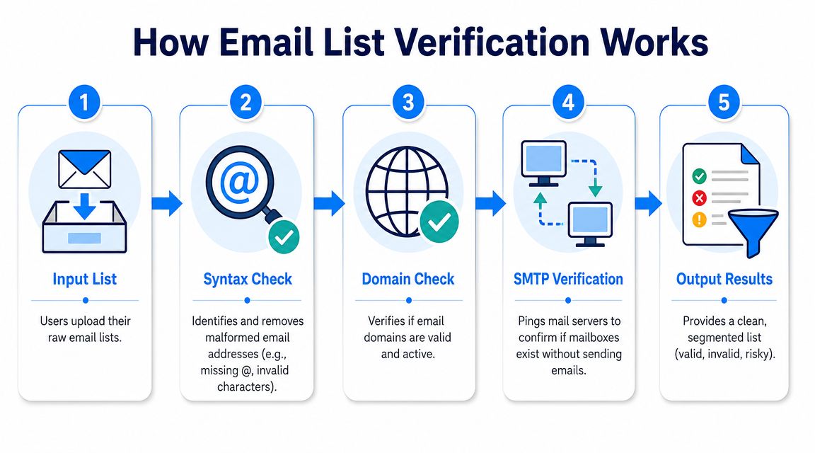 A five-step infographic explaining how email list verification works from raw list input to final results.