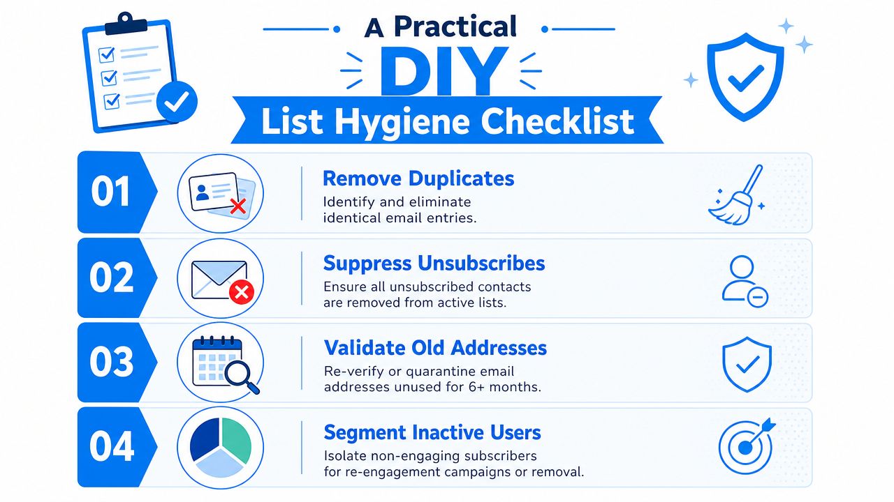 A four-step checklist infographic titled A Practical DIY List Hygiene Checklist for email marketing maintenance.