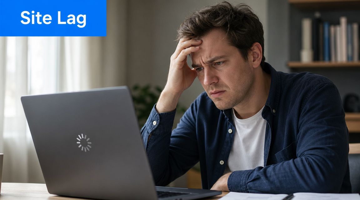 A frustrated man looking at a laptop screen with a loading icon while experiencing website lag.