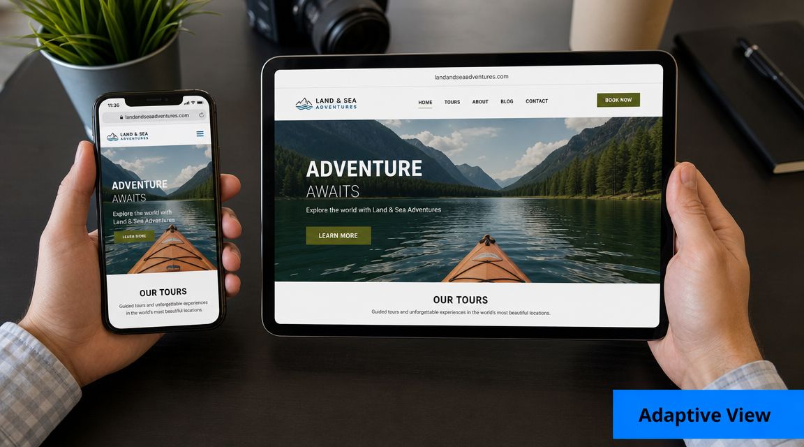 A person holds a smartphone and a tablet both displaying the same responsive website design.