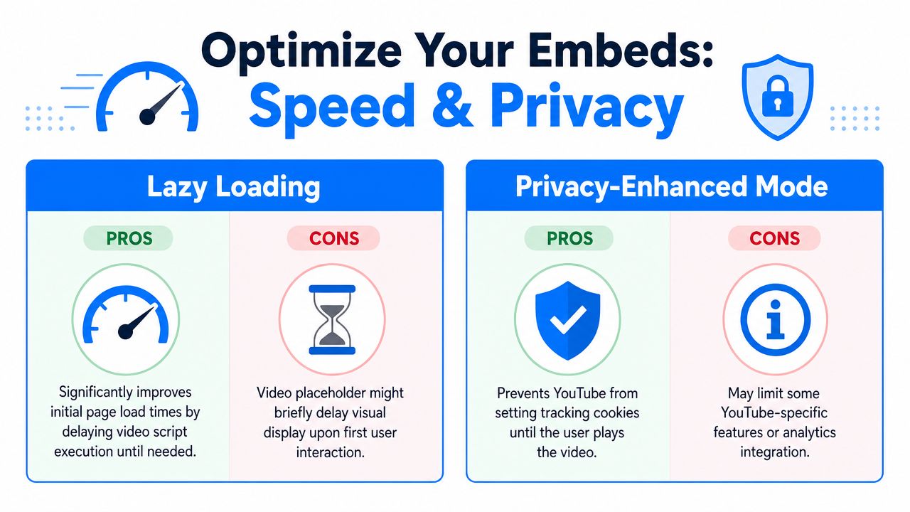 A comparison chart outlining the pros and cons of using lazy loading and privacy-enhanced mode for YouTube embeds.