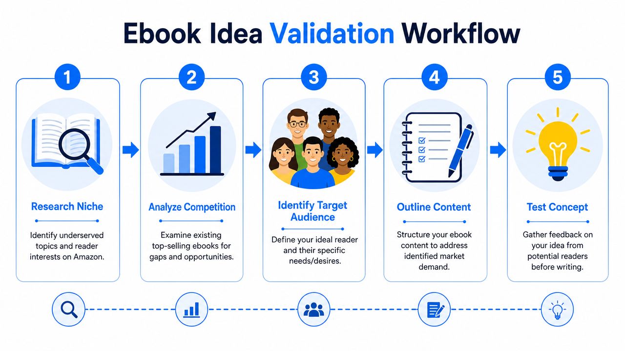 A five-step workflow chart illustrating the process of validating a new ebook idea for Amazon sellers.