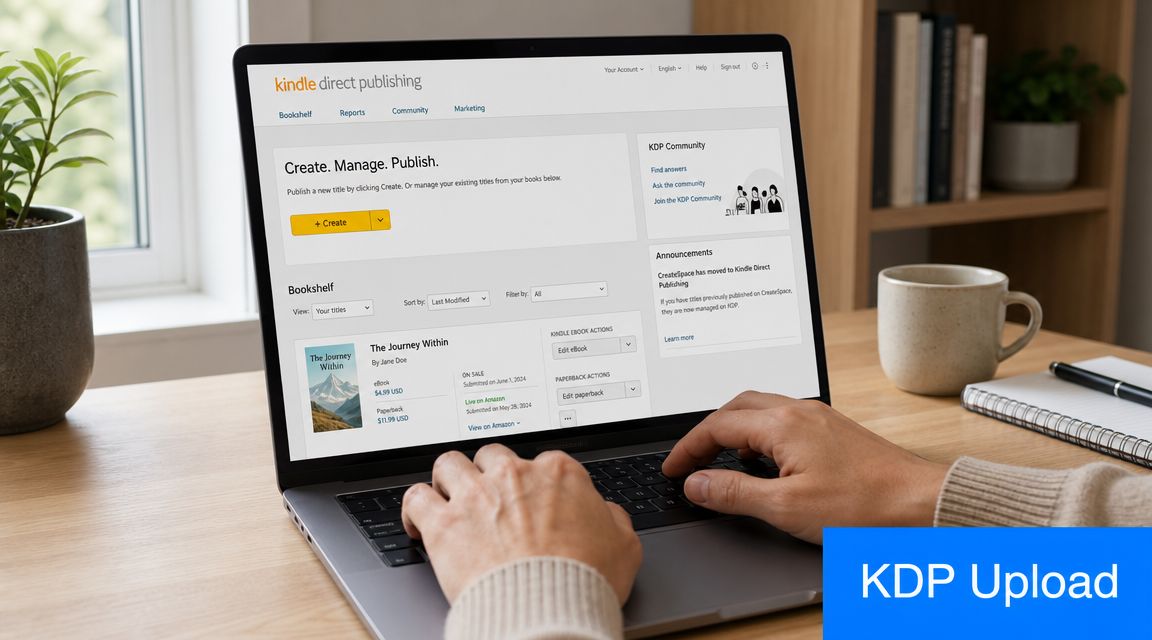 A person using a laptop to manage book publishing on the Kindle Direct Publishing platform interface.