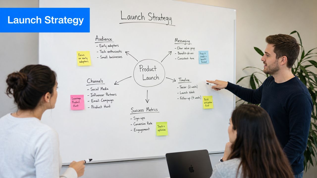A professional team collaborating on a strategic product launch plan written on a large whiteboard in an office.