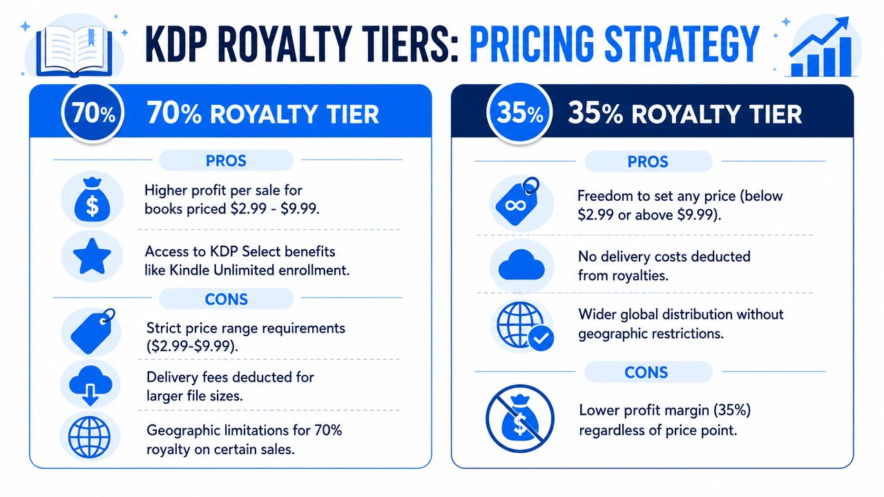 An infographic showing KDP royalty tiers for self-publishing authors, comparing 70% and 35% commission rates and features.
