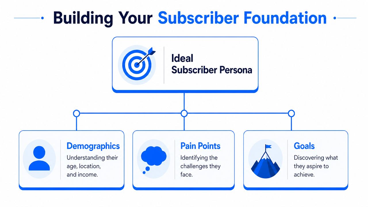 A diagram outlining the components of an ideal subscriber persona, including demographics, pain points, and goals.