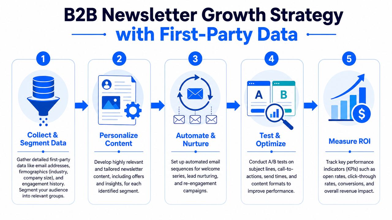 A five-step infographic detailing a B2B newsletter growth strategy using first-party data for business marketing.