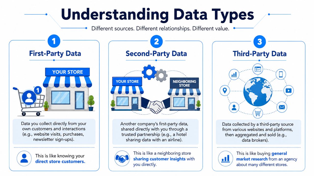 An infographic explaining the differences between first-party, second-party, and third-party data collection methods for businesses.
