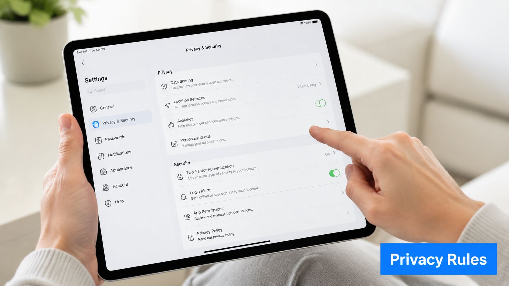 A person holds a tablet displaying privacy and security settings, selecting personalized ad preferences on screen.