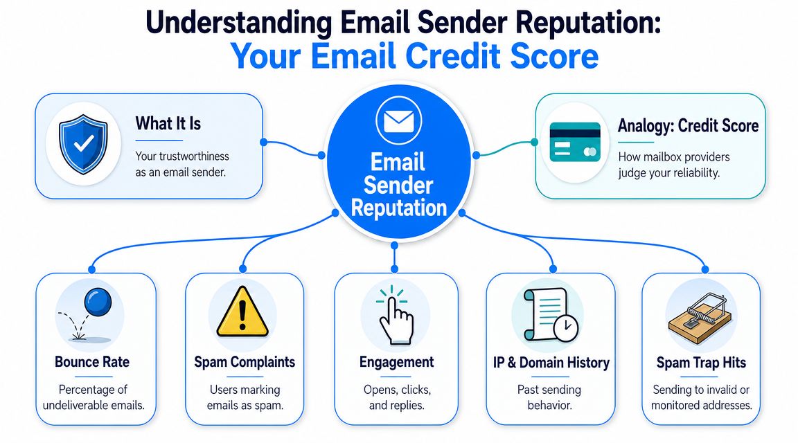 A diagram illustrating factors that determine email sender reputation, such as bounce rates and engagement metrics.