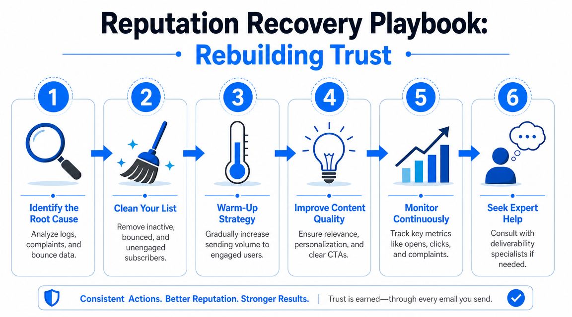 A six-step infographic detailing a reputation recovery playbook for rebuilding email sender trust and deliverability.
