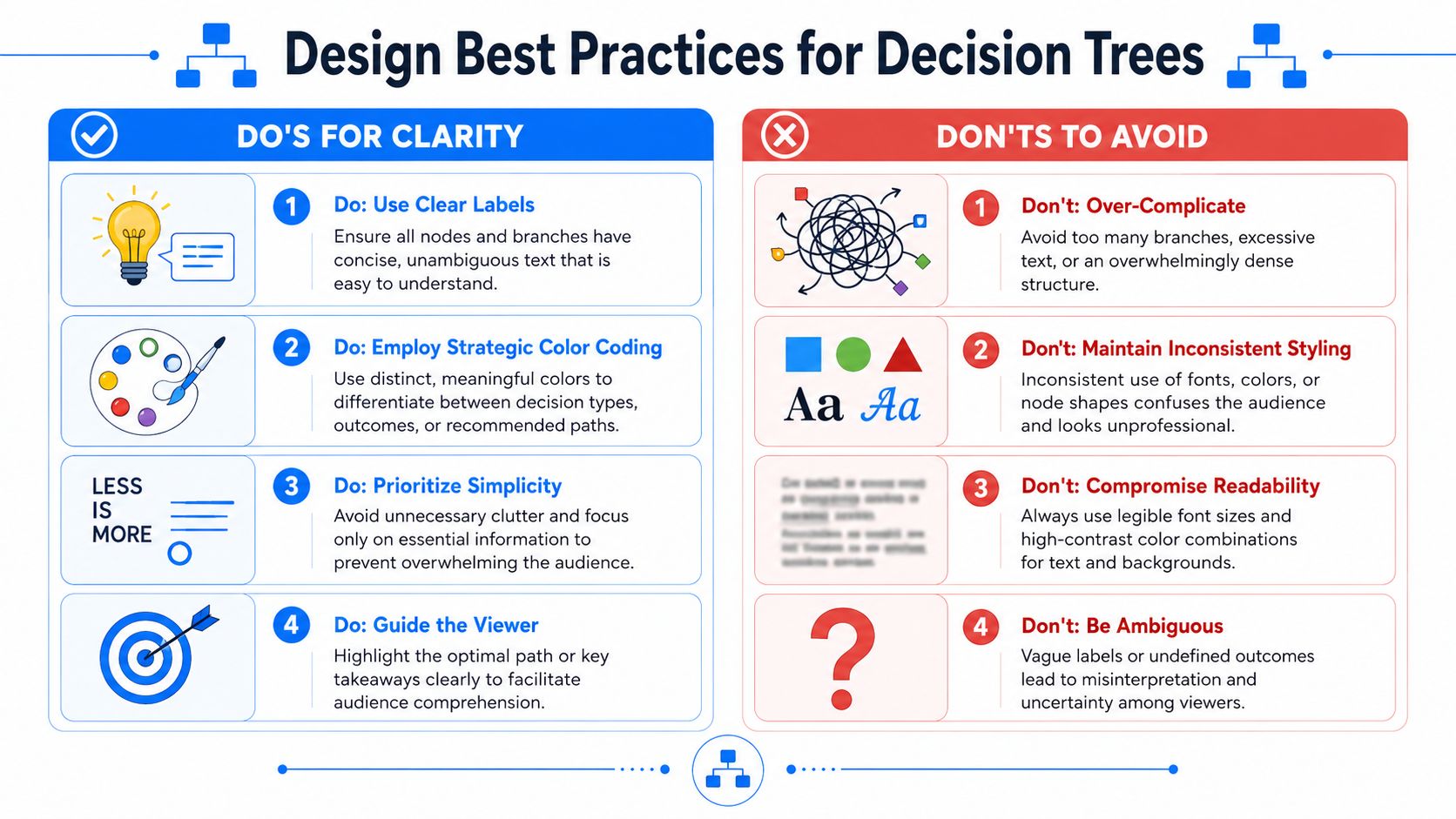 An infographic titled Design Best Practices for Decision Trees listing four do's and four don'ts for diagrams.
