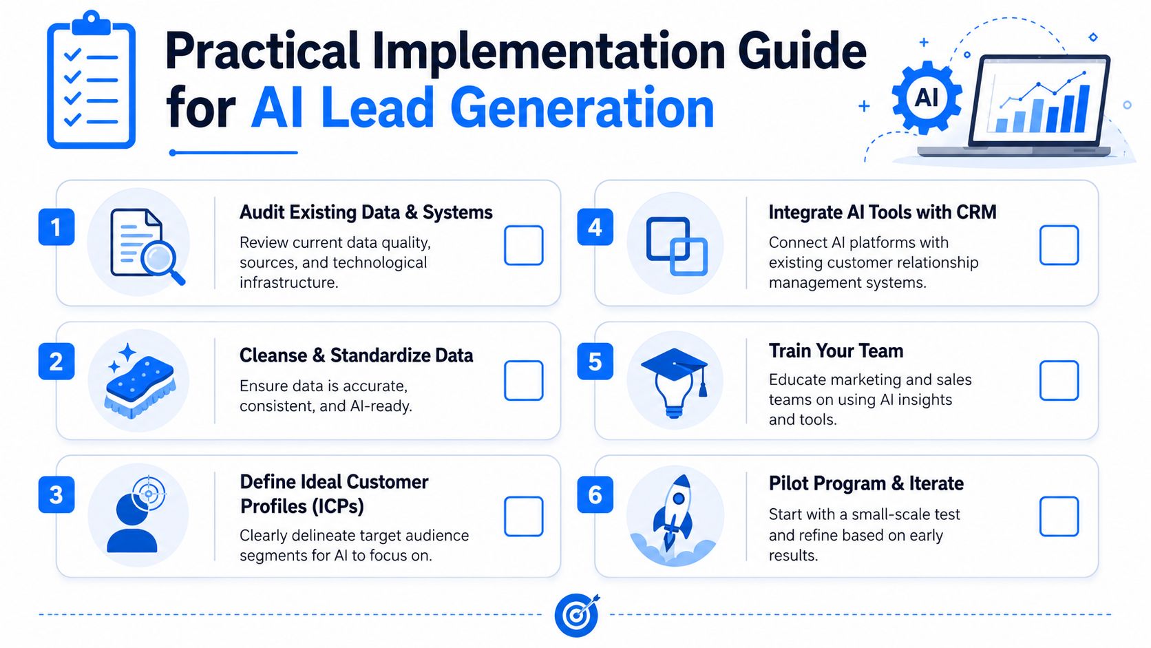 A six-step infographic guide detailing the practical implementation process for adopting AI lead generation in business.