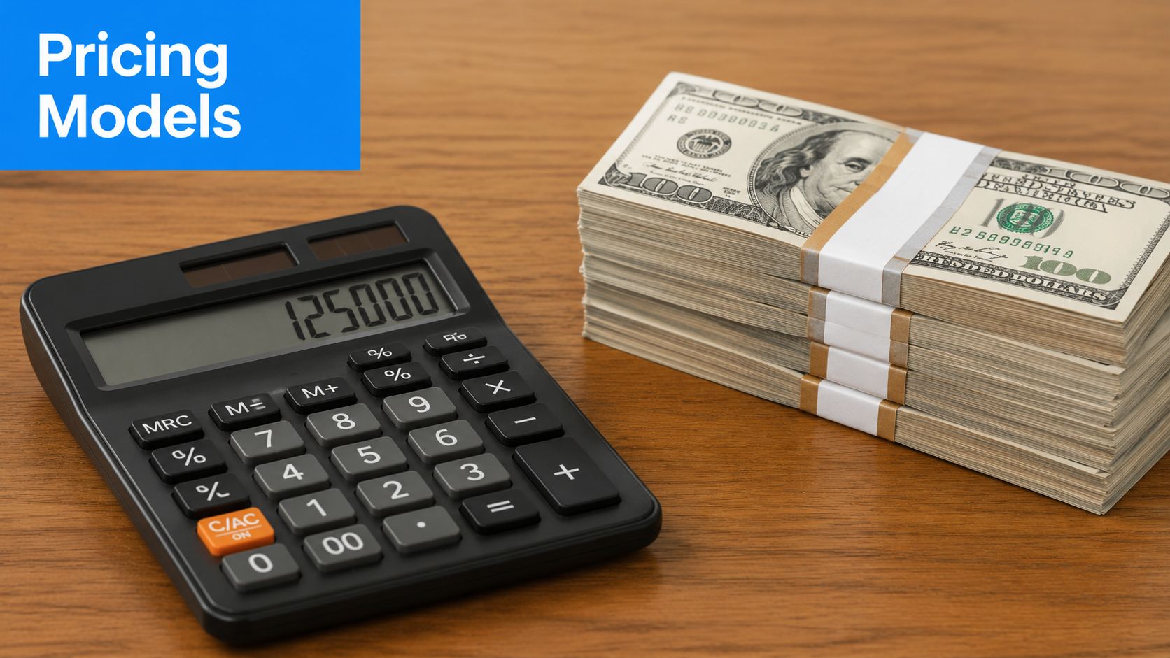 A black calculator displaying the number 125000 next to a large stack of one hundred dollar bills.