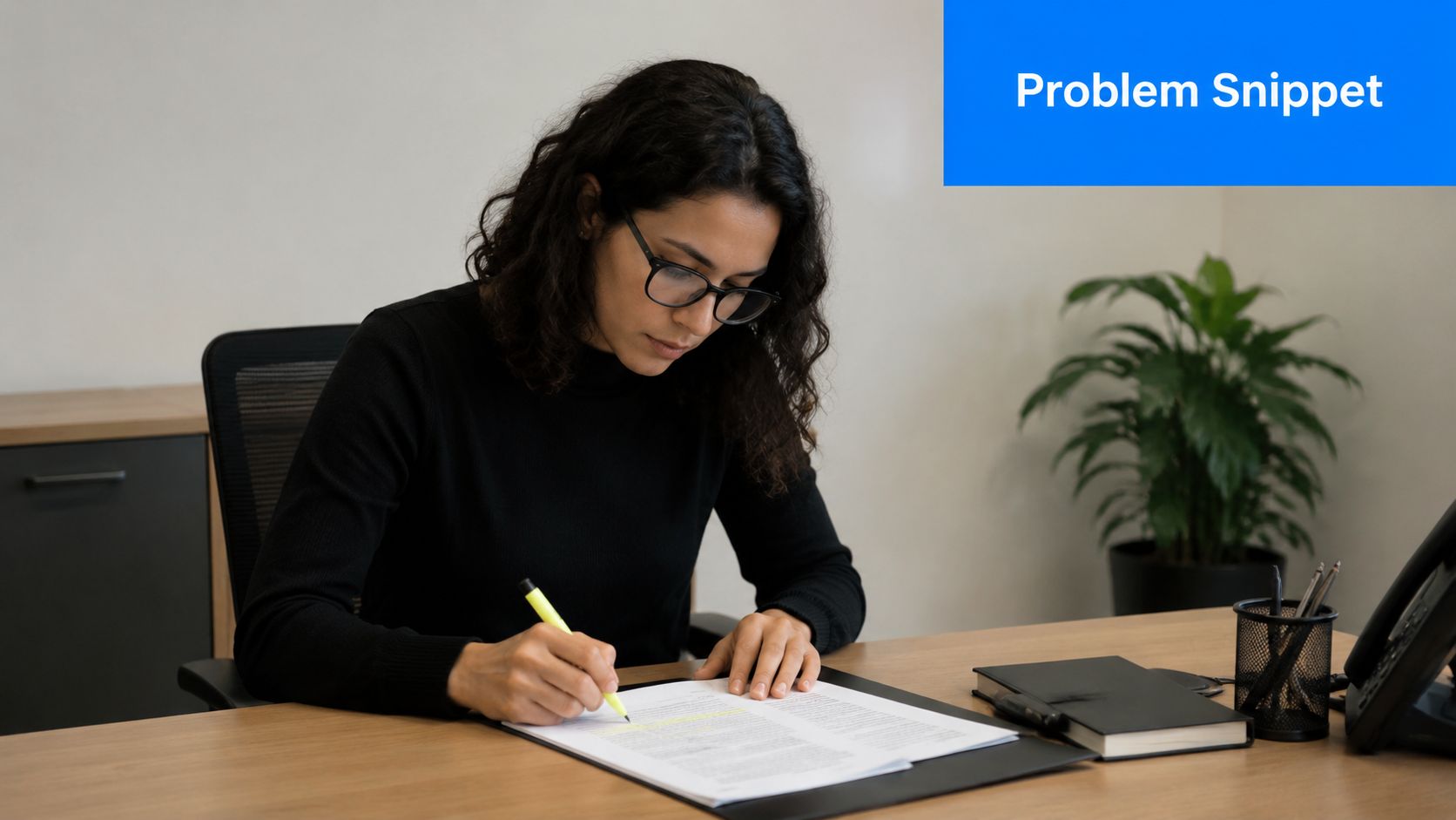 A professional woman wearing glasses highlights important information on a document while sitting at her office desk.