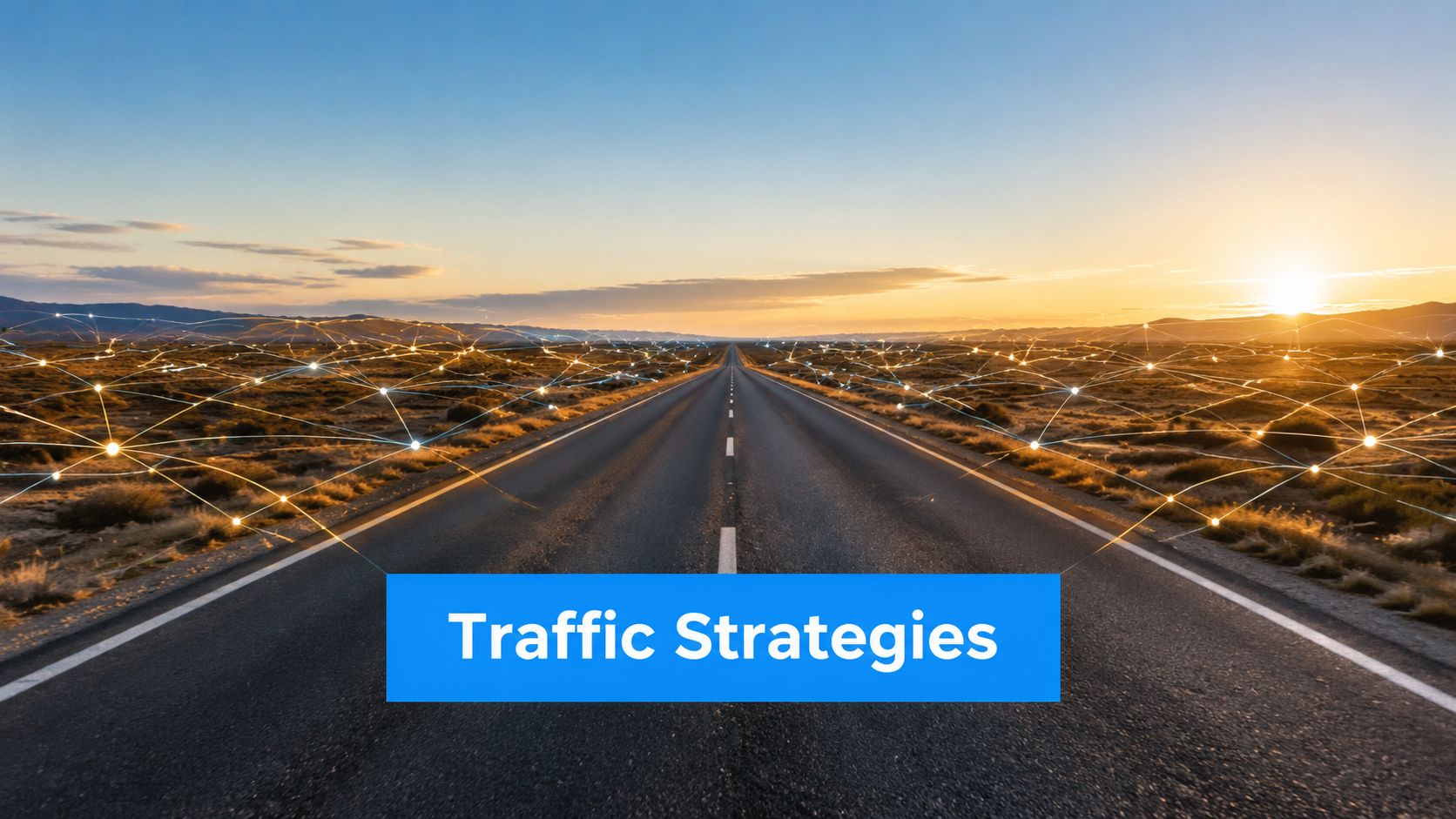 A long road stretching towards a sunset with a digital network overlay, representing traffic strategies.