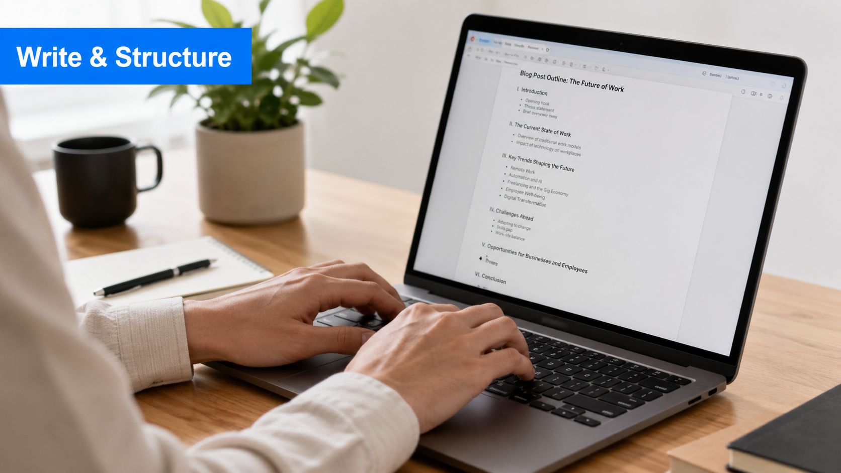 A person typing a blog post outline about the future of work on a modern laptop screen.