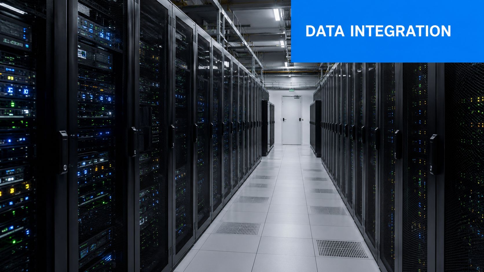 A modern data center aisle featuring rows of server racks with blinking indicator lights in a facility.
