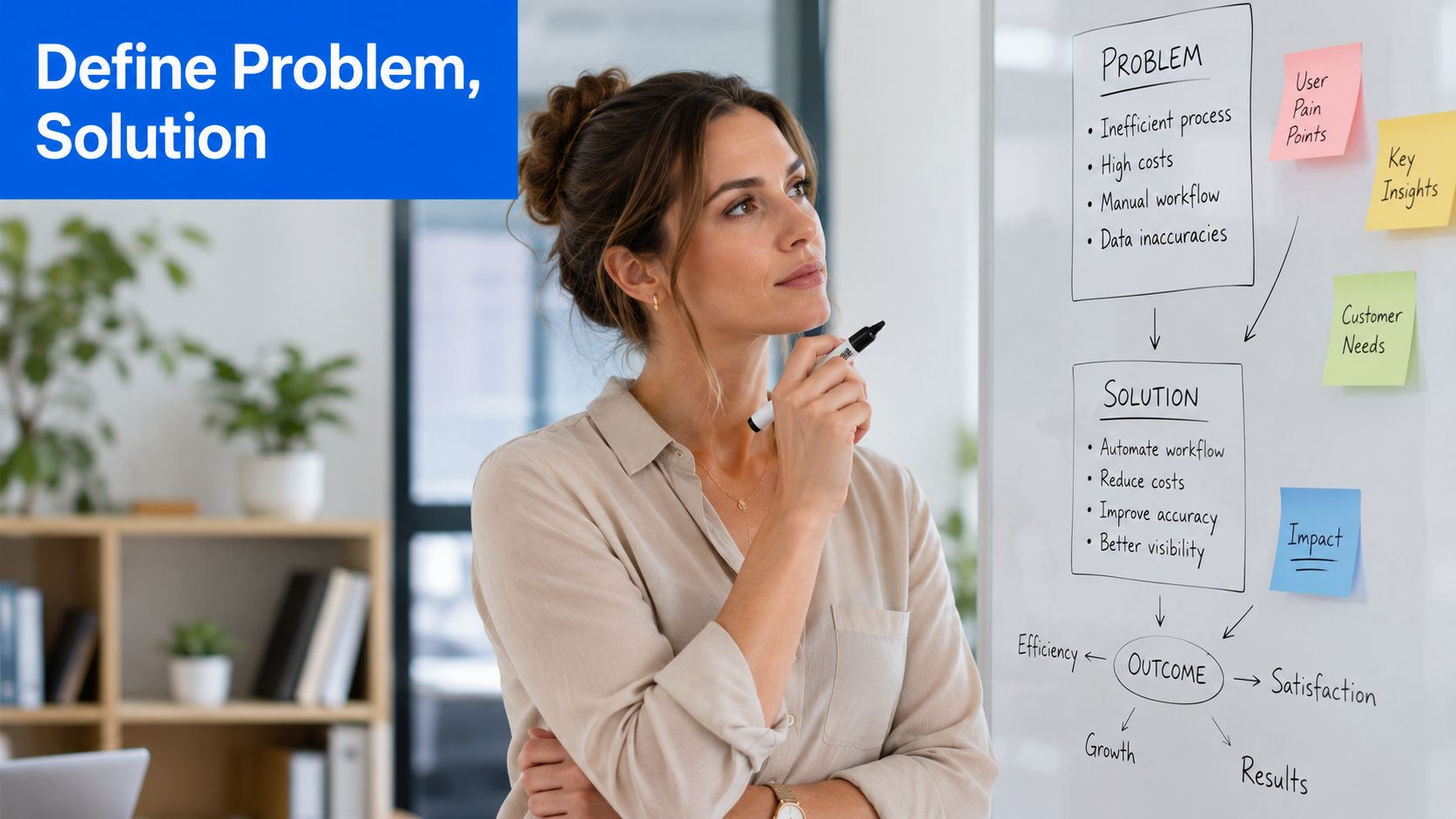 A professional woman brainstorming business problem and solution strategies on a whiteboard in an office setting.